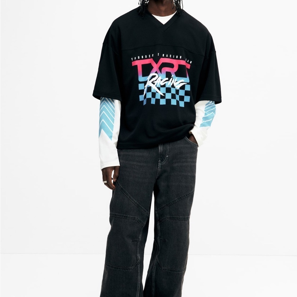 H&M Black and Blue Graphic Men's OVERSIZED PRINTED MESH T-SHIRT Jersey - Picture 2 of 10